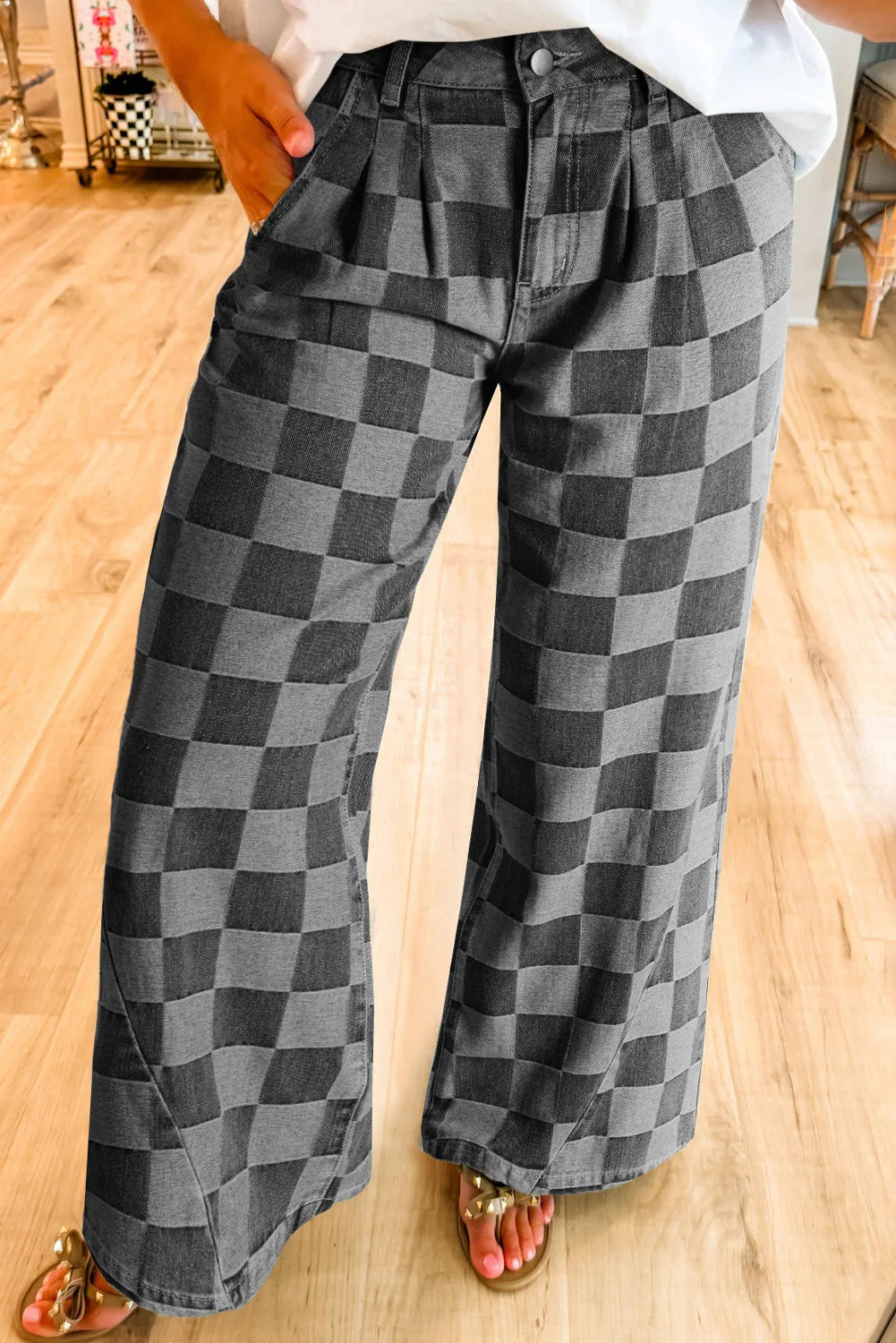 Hazel Blues® | Checkered Wide Leg Jeans with Pockets
