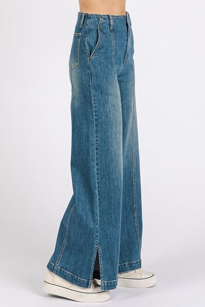 Hazel Blues® | Mittoshop Medium Wash Seam Detail Wide Leg Denim Jeans
