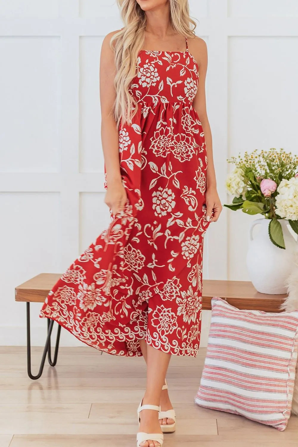 Hazel Blues® | Floral Printed Spaghetti Strap Empire Waist Maxi Dress