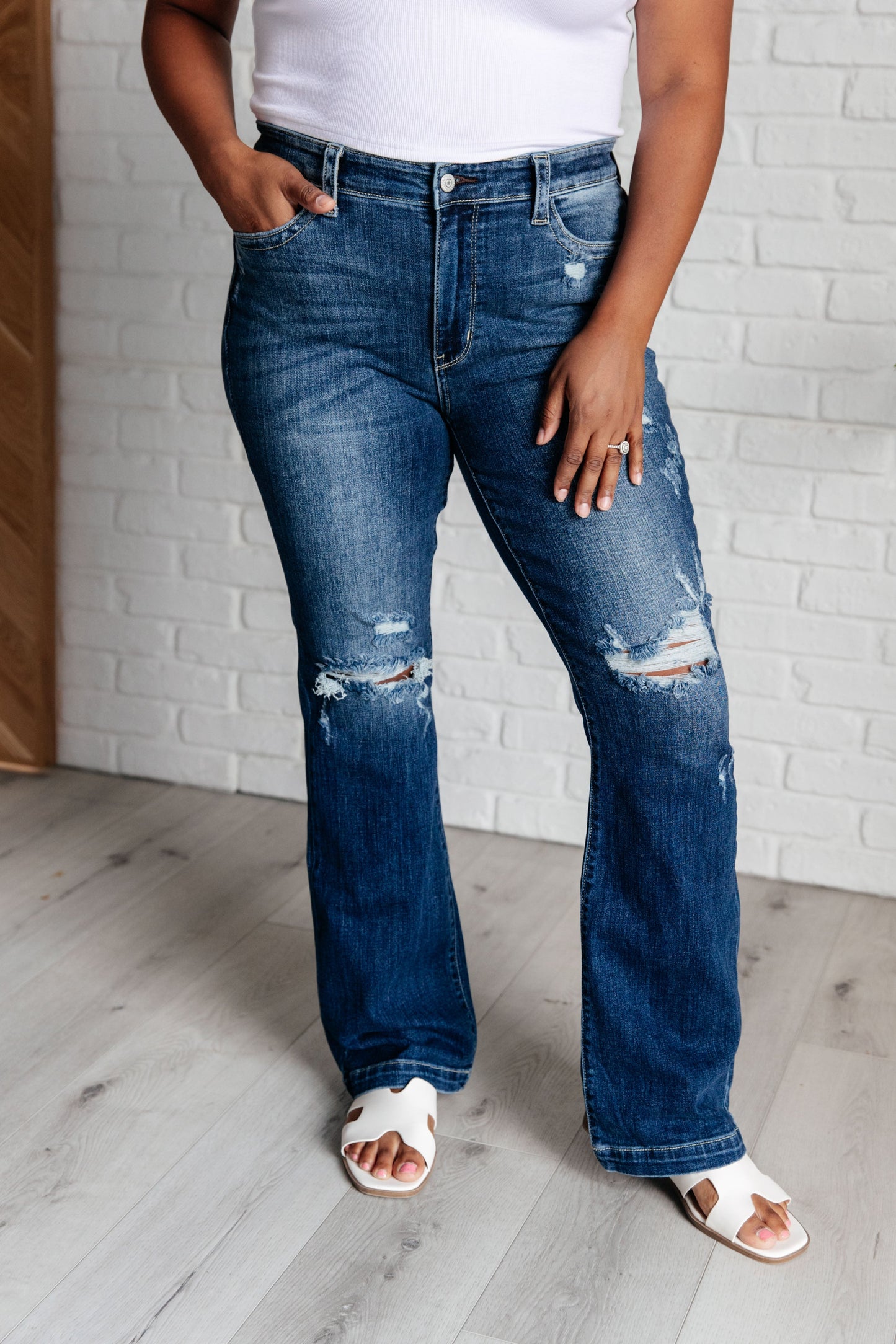 Hazel Blues® | Mila Mid Rise Distressed Bootcut Jeans