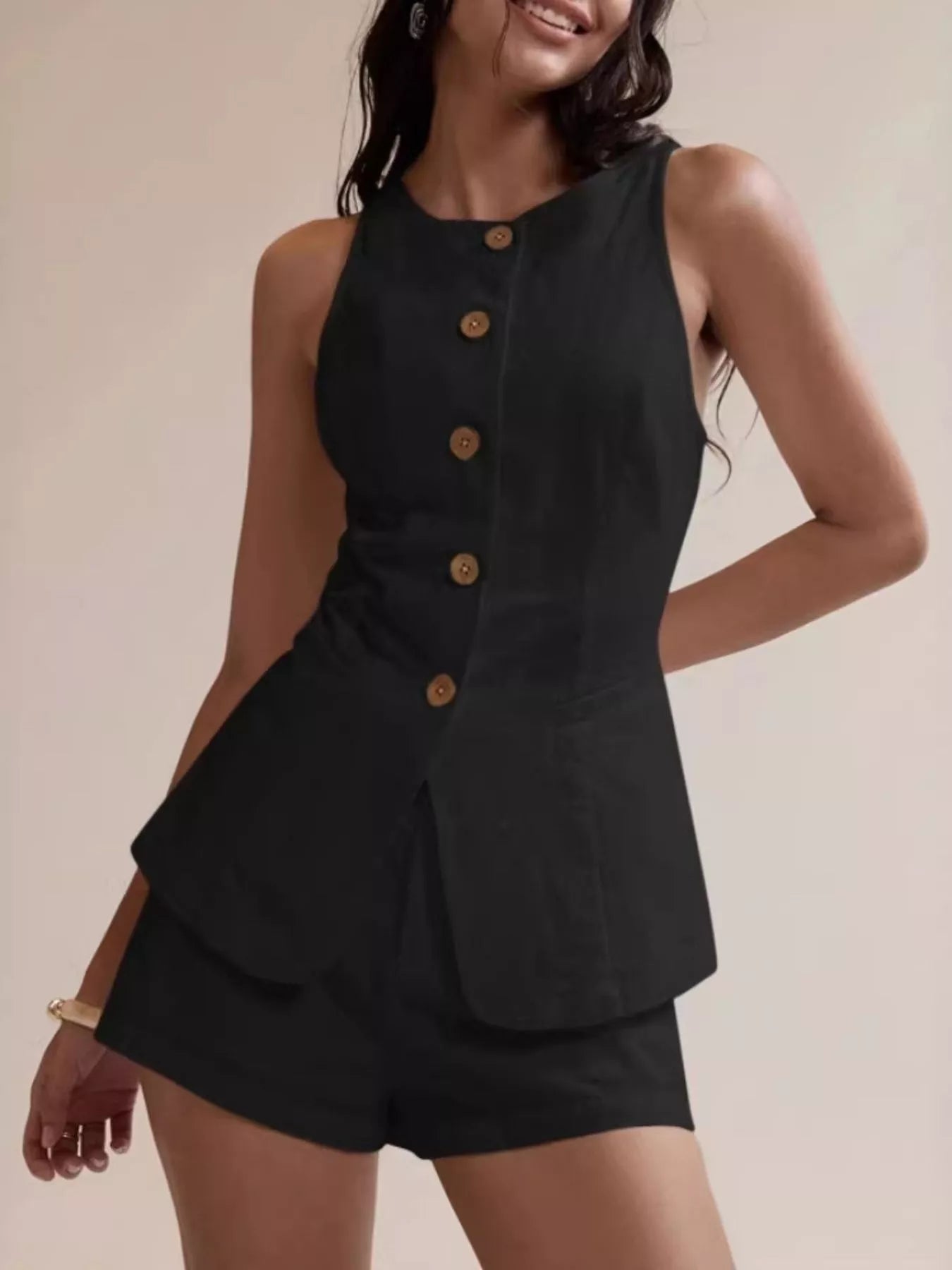 Hazel Blues® | Button-Down Sleeveless Top and Shorts Set