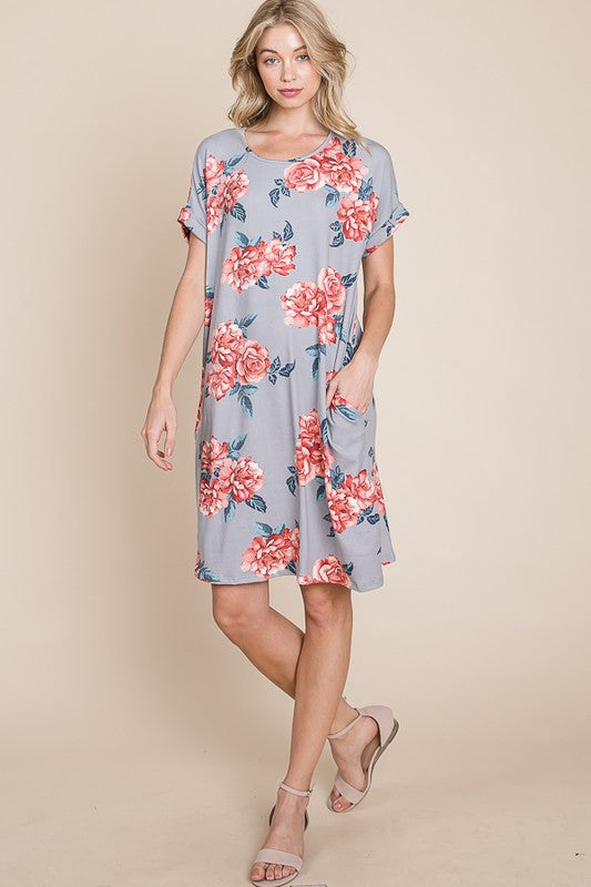 Hazel Blues® | BOMBOM Floral Round Neck Short Tee Dress with Pockets