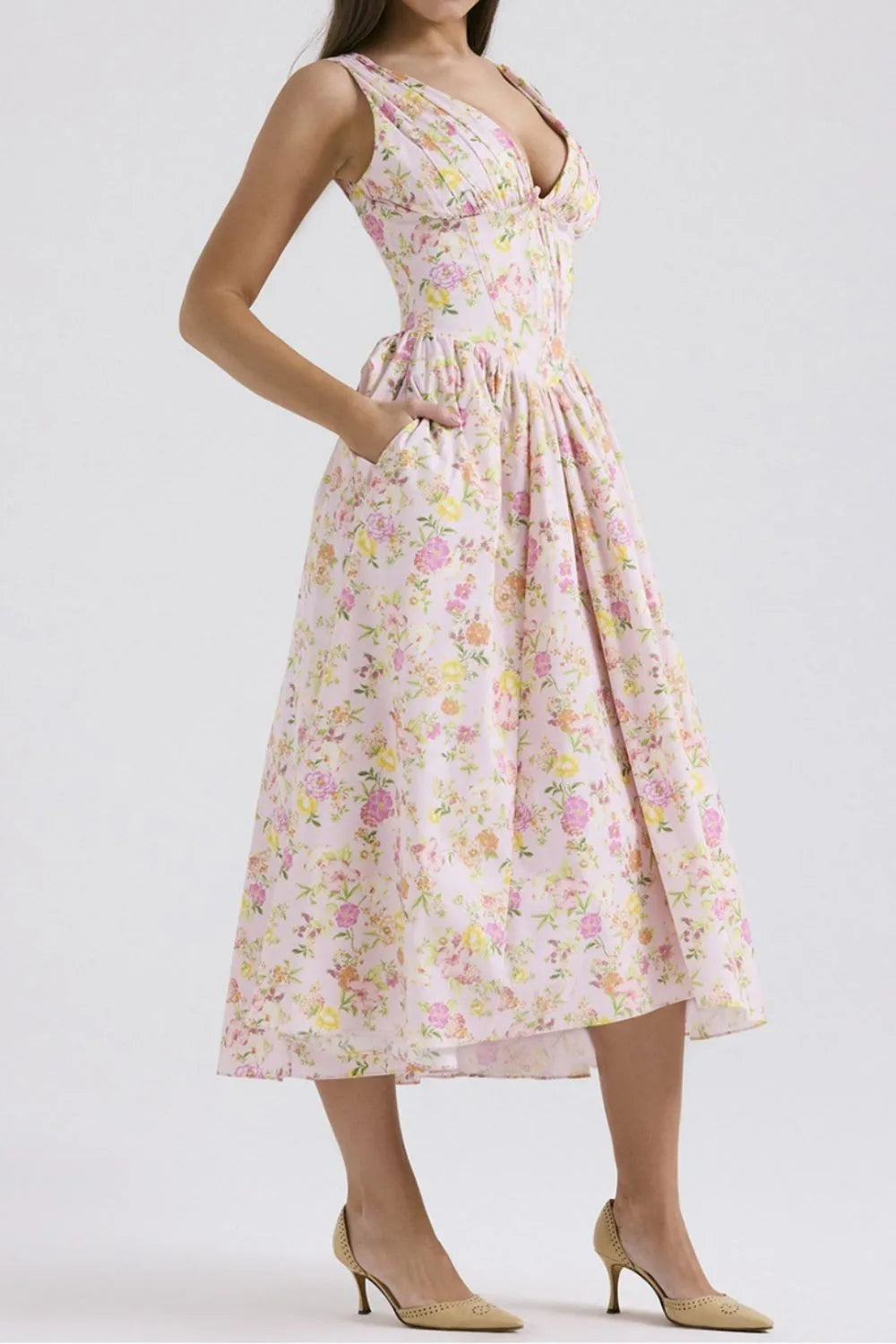 Hazel Blues® | Floral V-Neck Sleeveless Midi Dress with Pockets