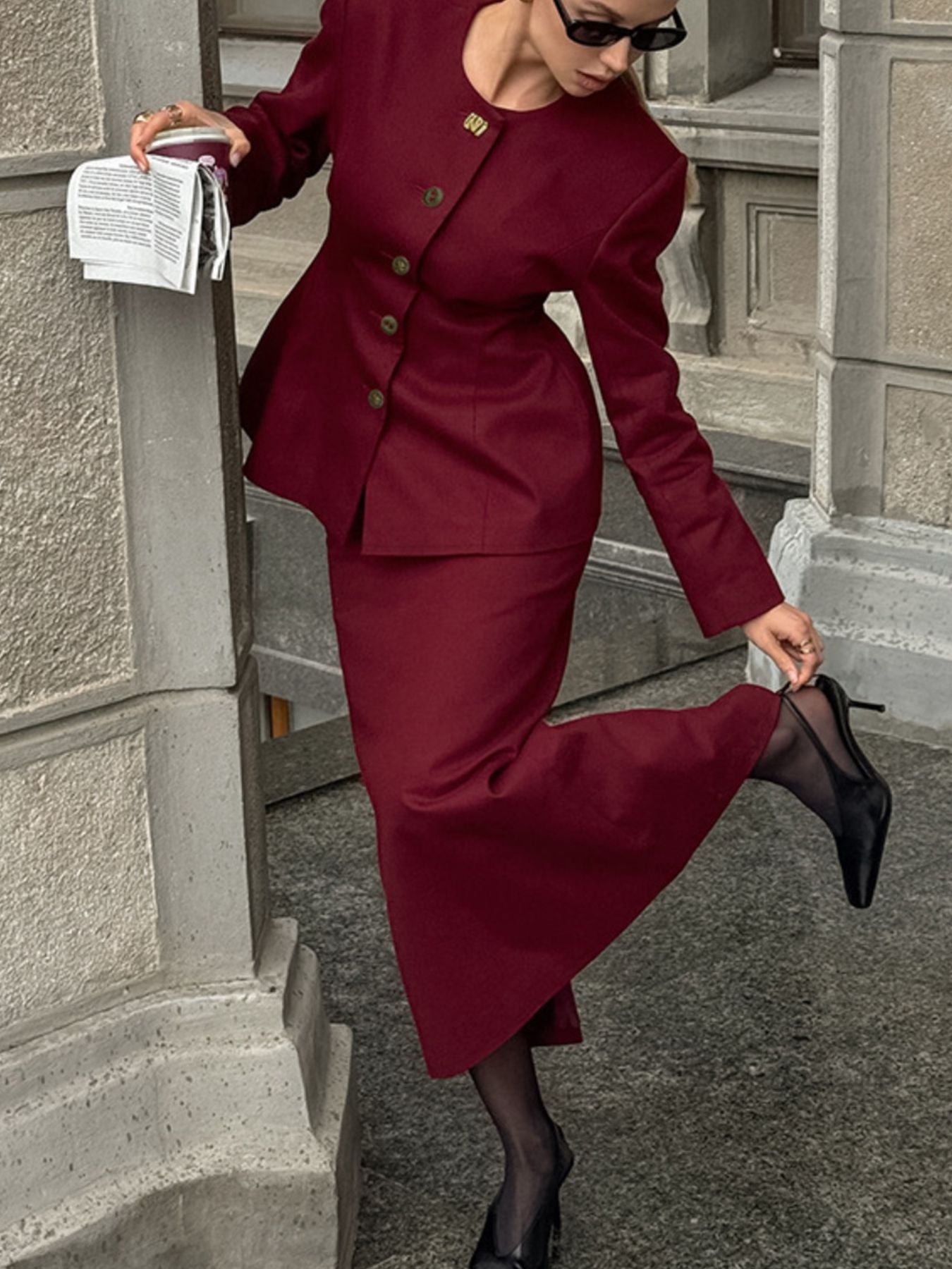Hazel Blues® | Button Up Peplum Blazer & Skirt Set