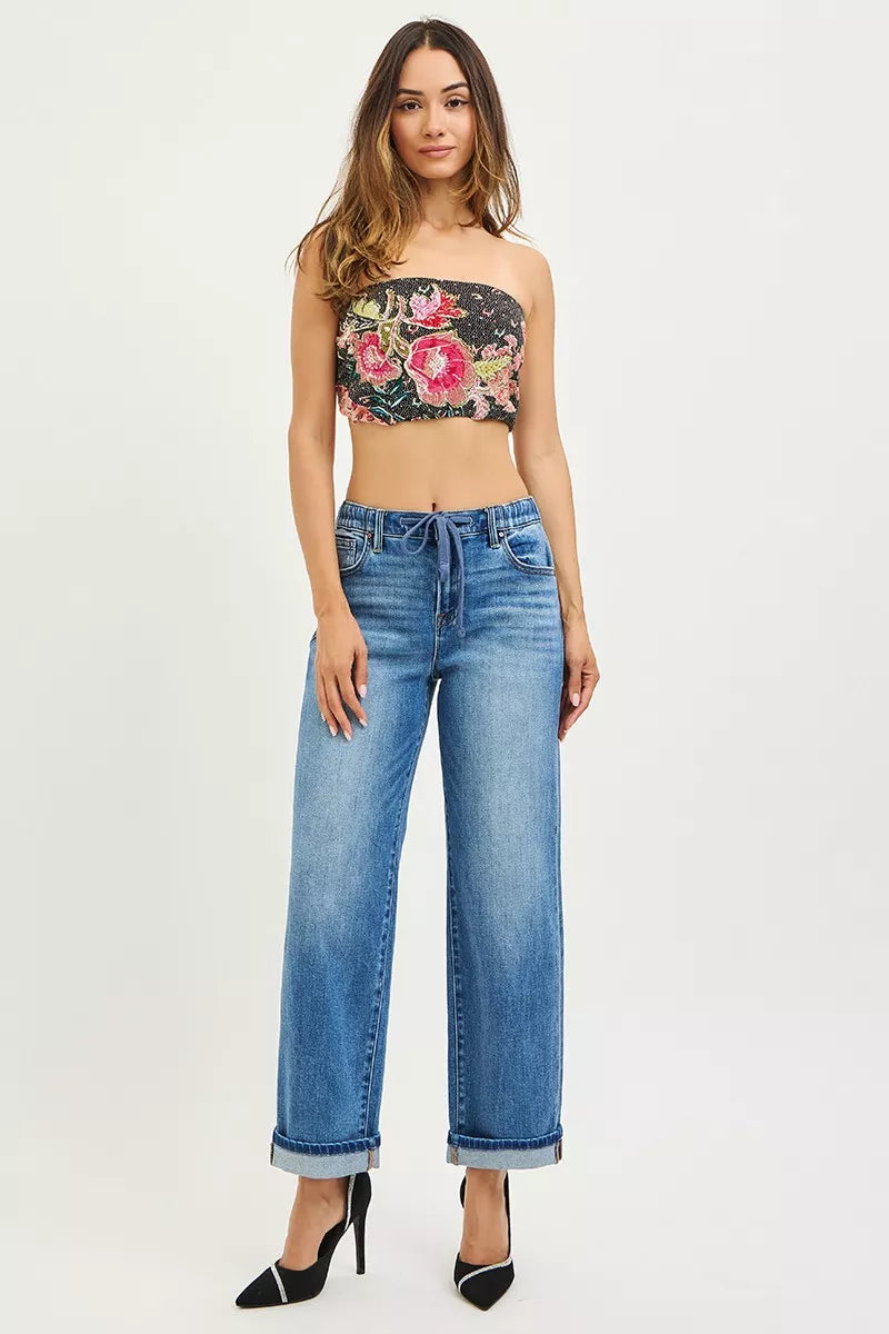 Hazel Blues® | RISEN Elastic Band Slouch Ankle Boyfriend Cuffed Hem Jeans