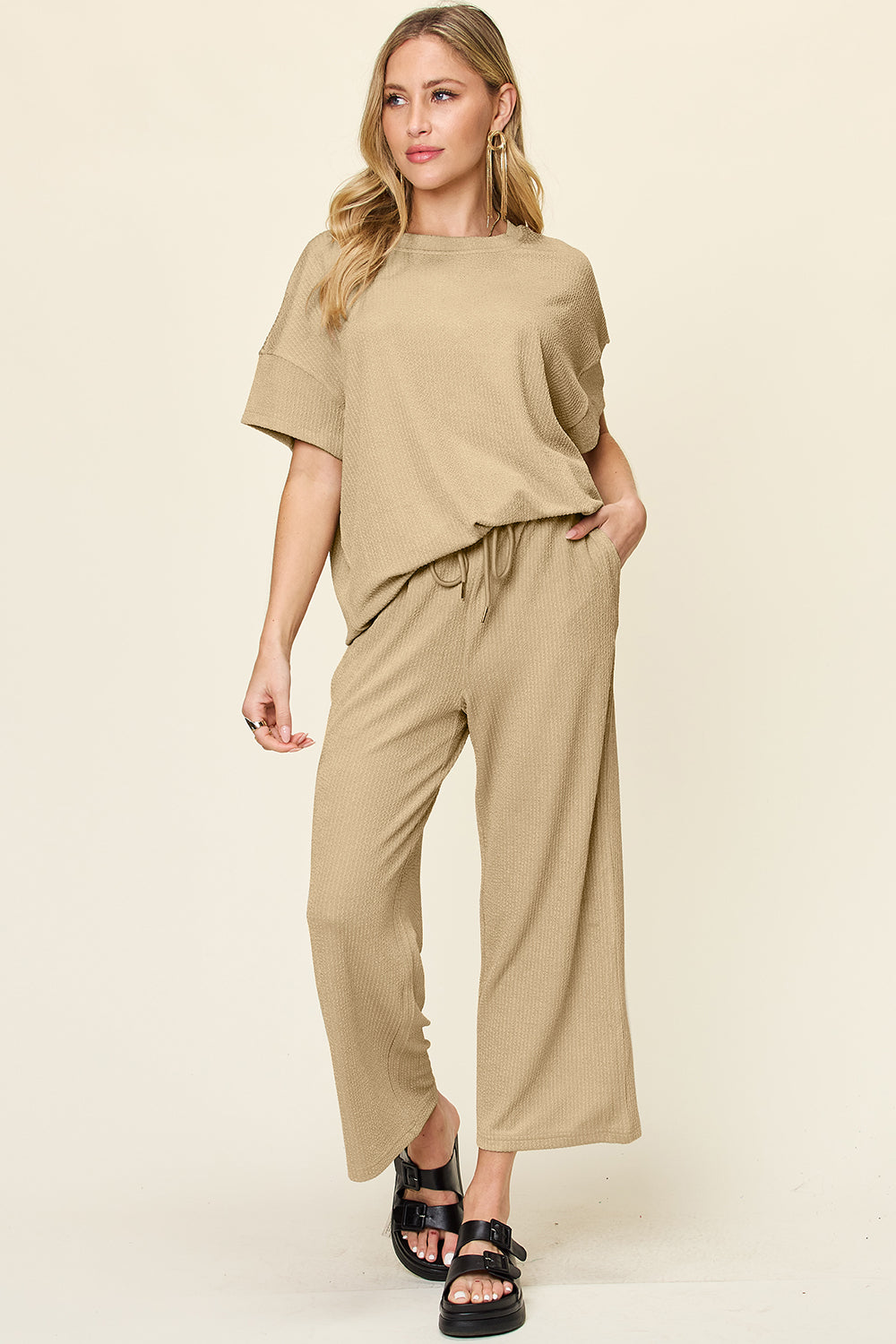Hazel Blues® | Double Take Texture Round Neck Short Sleeve T-Shirt and Wide Leg Pants