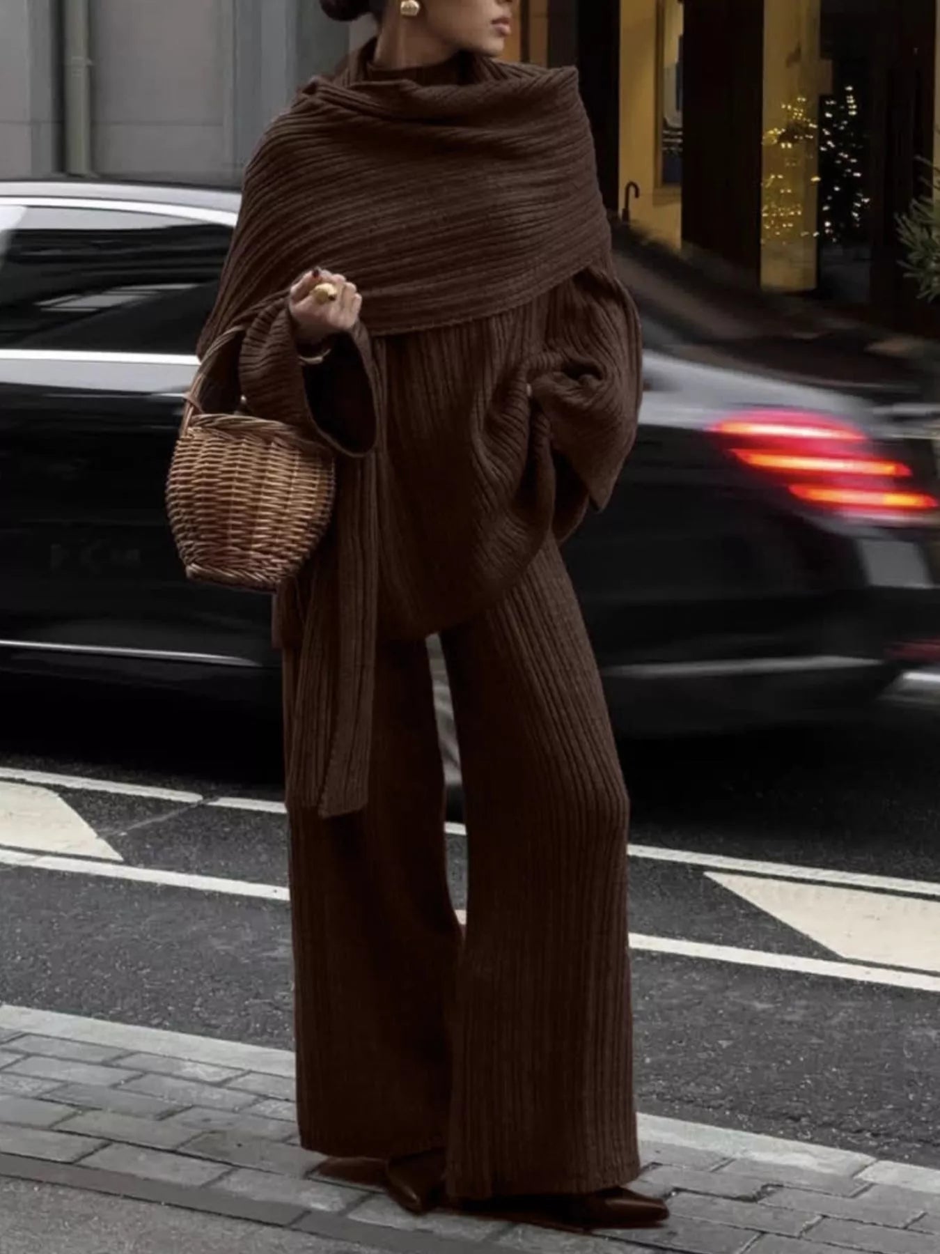 Hazel Blues® | 3-Piece Crew Neck Ribbed Sweater and Wide-Leg Pants Set with Scarf