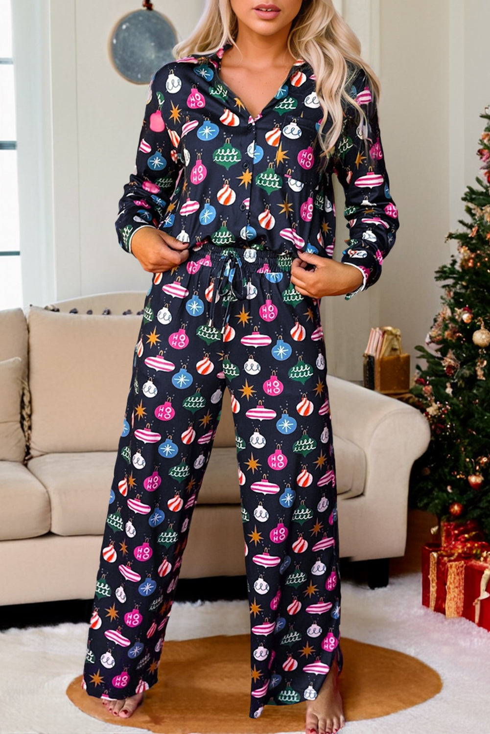Hazel Blues® | Christmas Lights Print Collared Neck Top and Pants Set