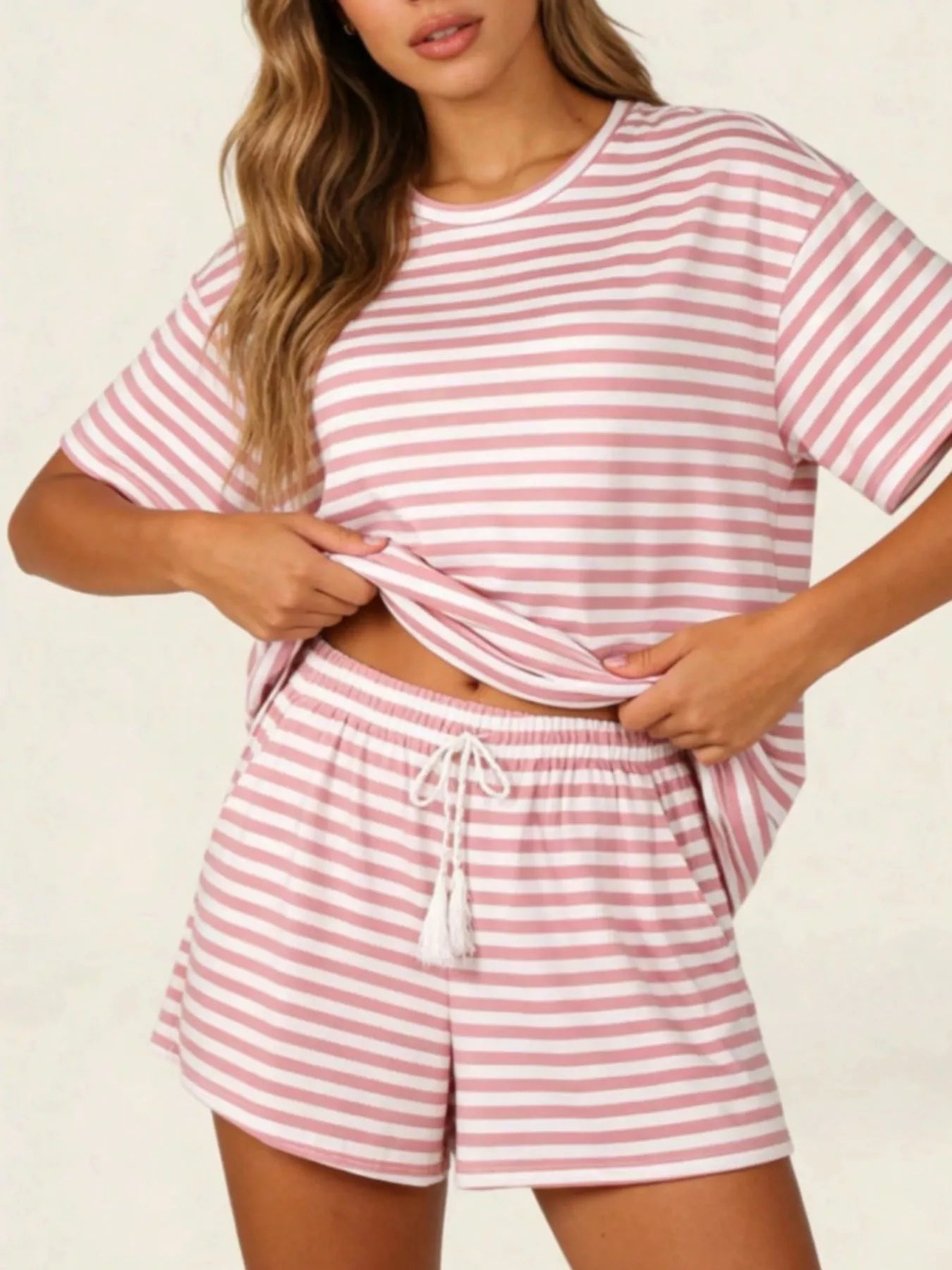 Hazel Blues® | Striped Short Sleeve Tee and Drawstring Shorts Set