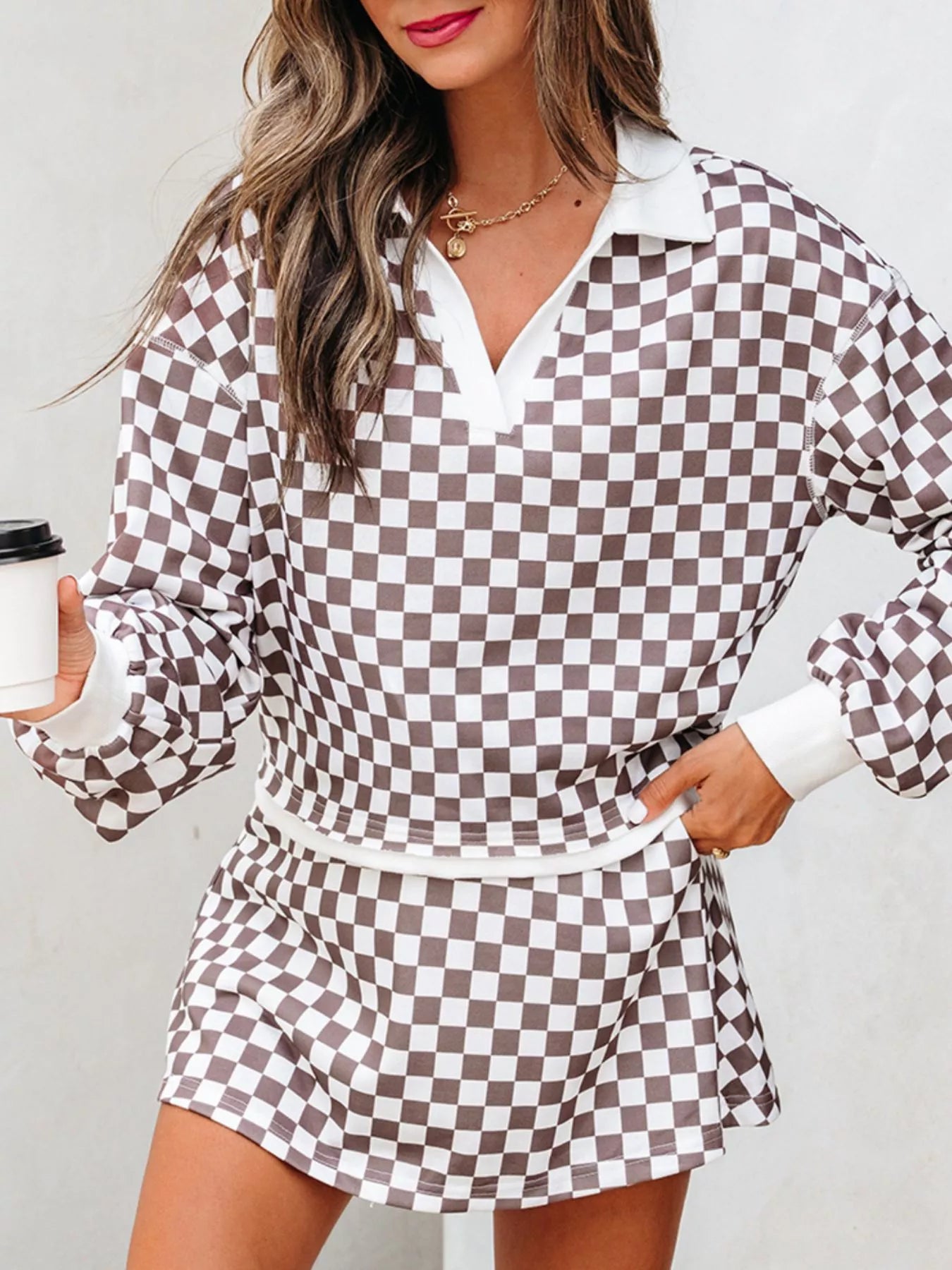 Hazel Blues® | Checkered Print Polo Collar Cropped Long Sleeve Top and Drawstring Mini Skirt Set