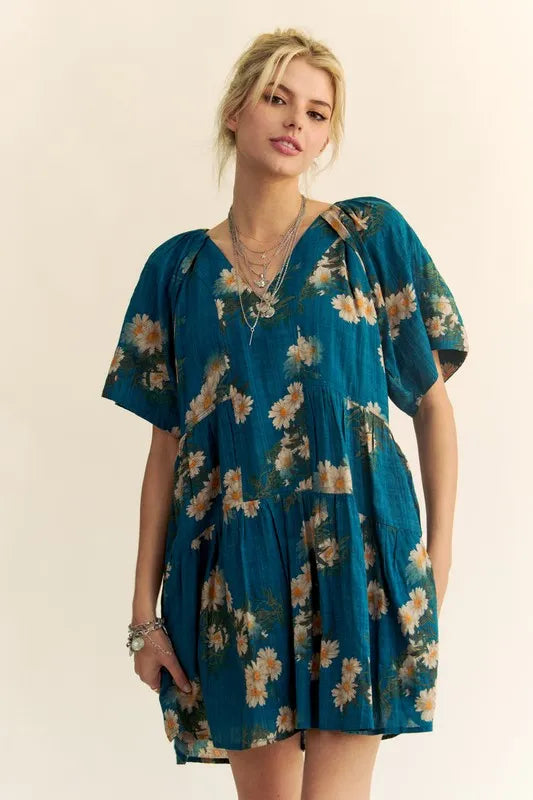 Hazel Blues® | Davi & Dani Floral Print Short Bell Sleeve Pleated Mini Dress