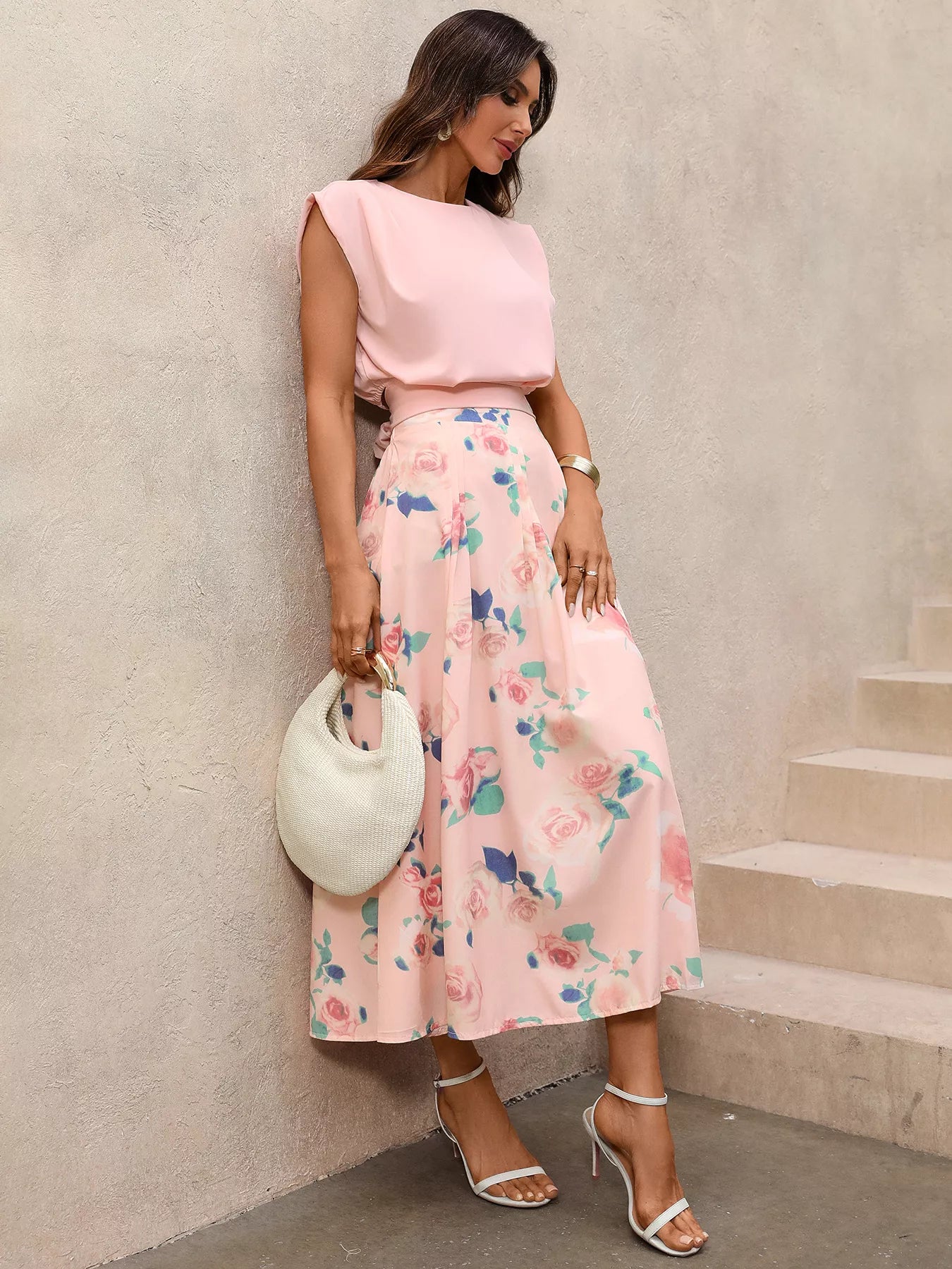 Hazel Blues® | Round Neck Top and Floral Print Skirt Two-Piece Set