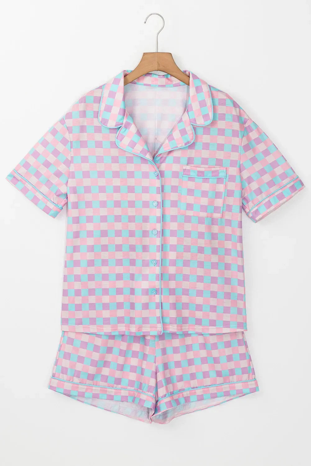 Hazel Blues® | Plaid Collared Neck Short Sleeve Top and Shorts Lounge Set