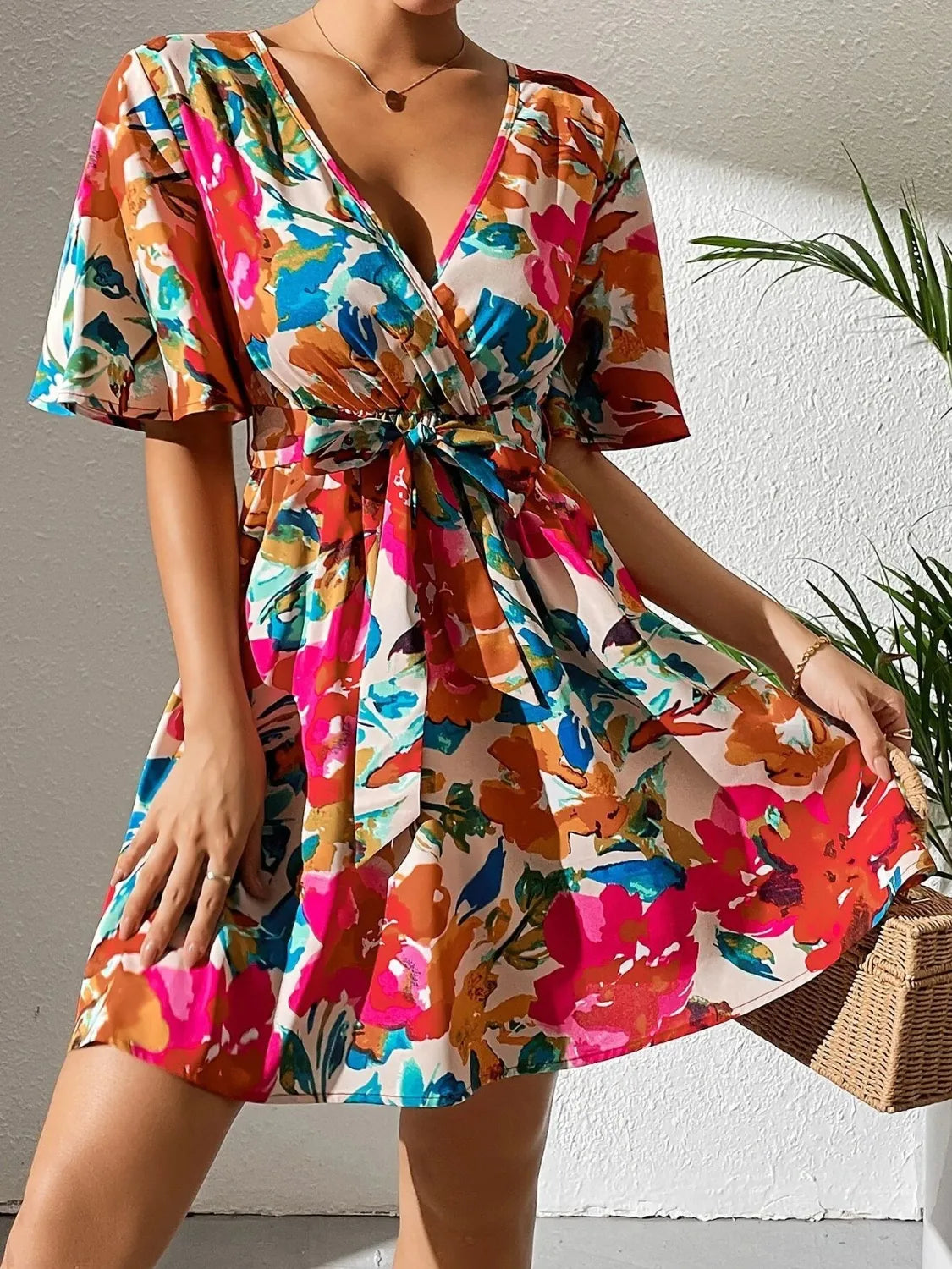 Hazel Blues® | Printed Surplice Short Sleeve Mini Dress