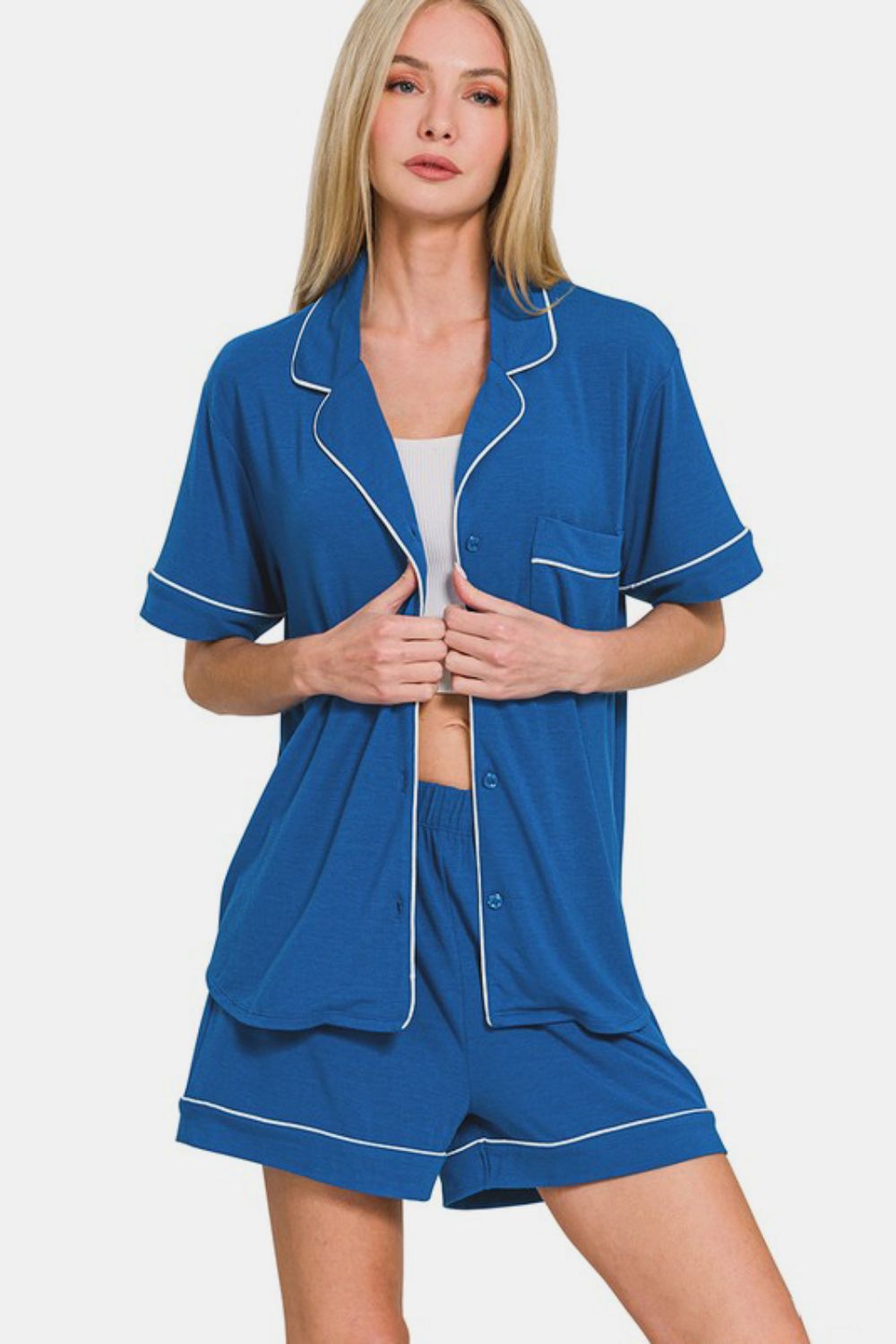 Hazel Blues® | Zenana Button Down Short Sleeve Top and Shorts Lounge Set