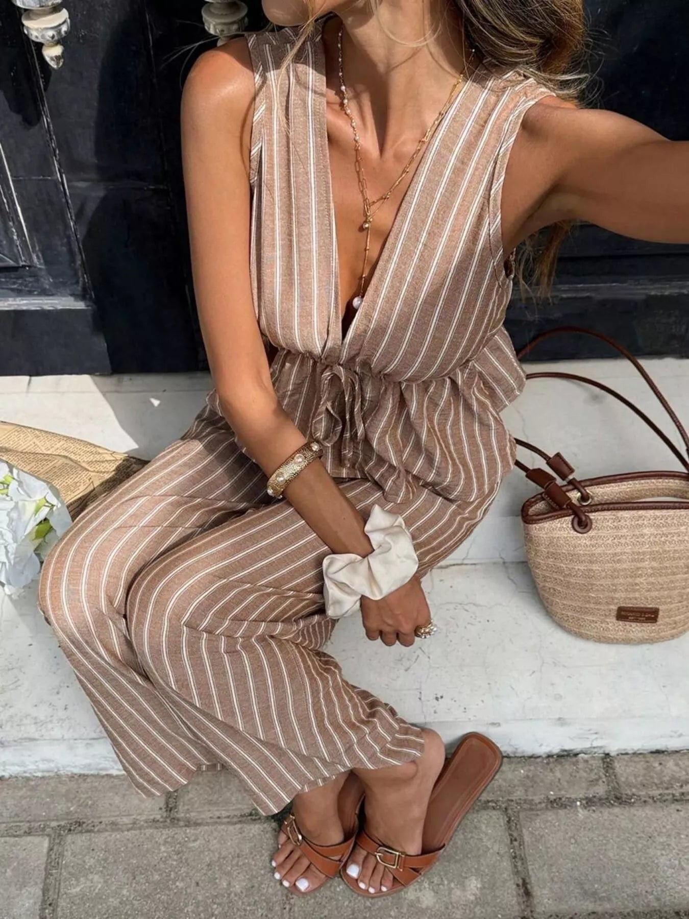 Hazel Blues® | Striped Sleeveless Top and Wide Leg Pants Set