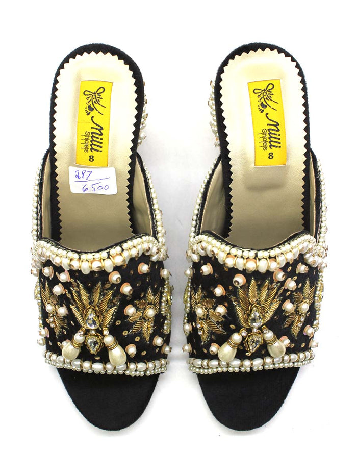 Black Fancy Block Heel Slipper