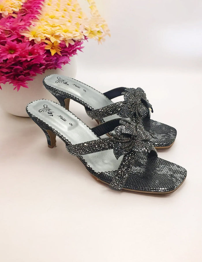 Black Fancy Block Heel Slipper