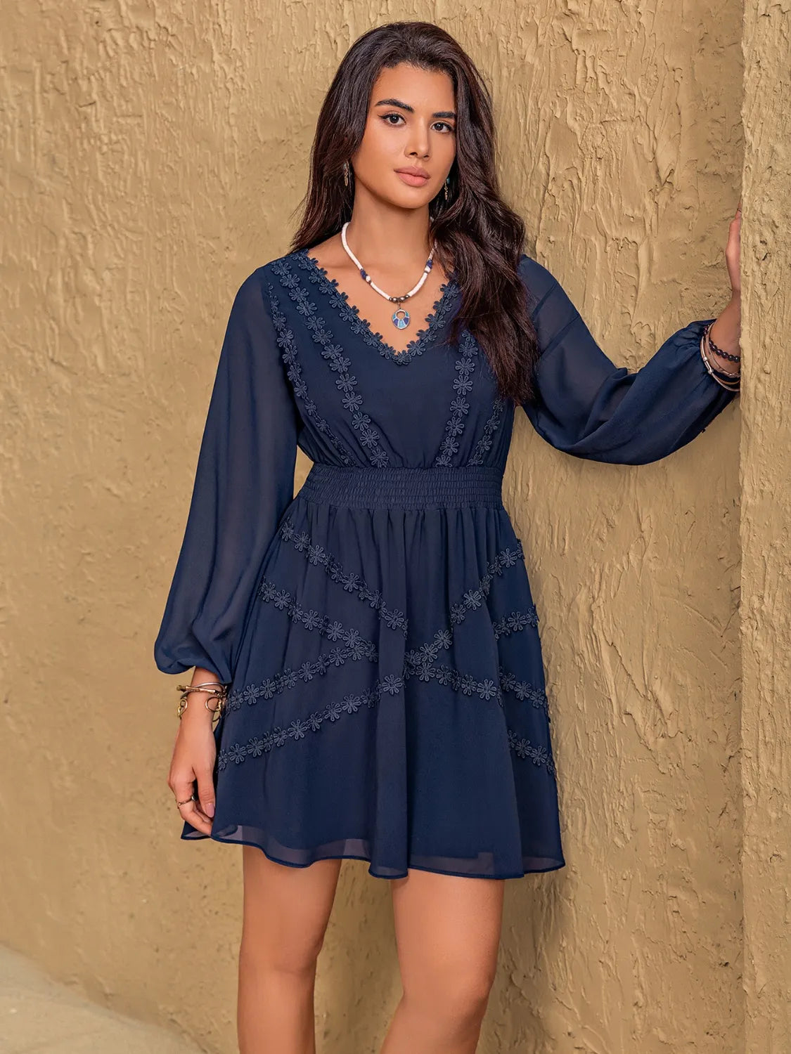Hazel Blues® | Lace Detail V-Neck Balloon Sleeve Mini Dress