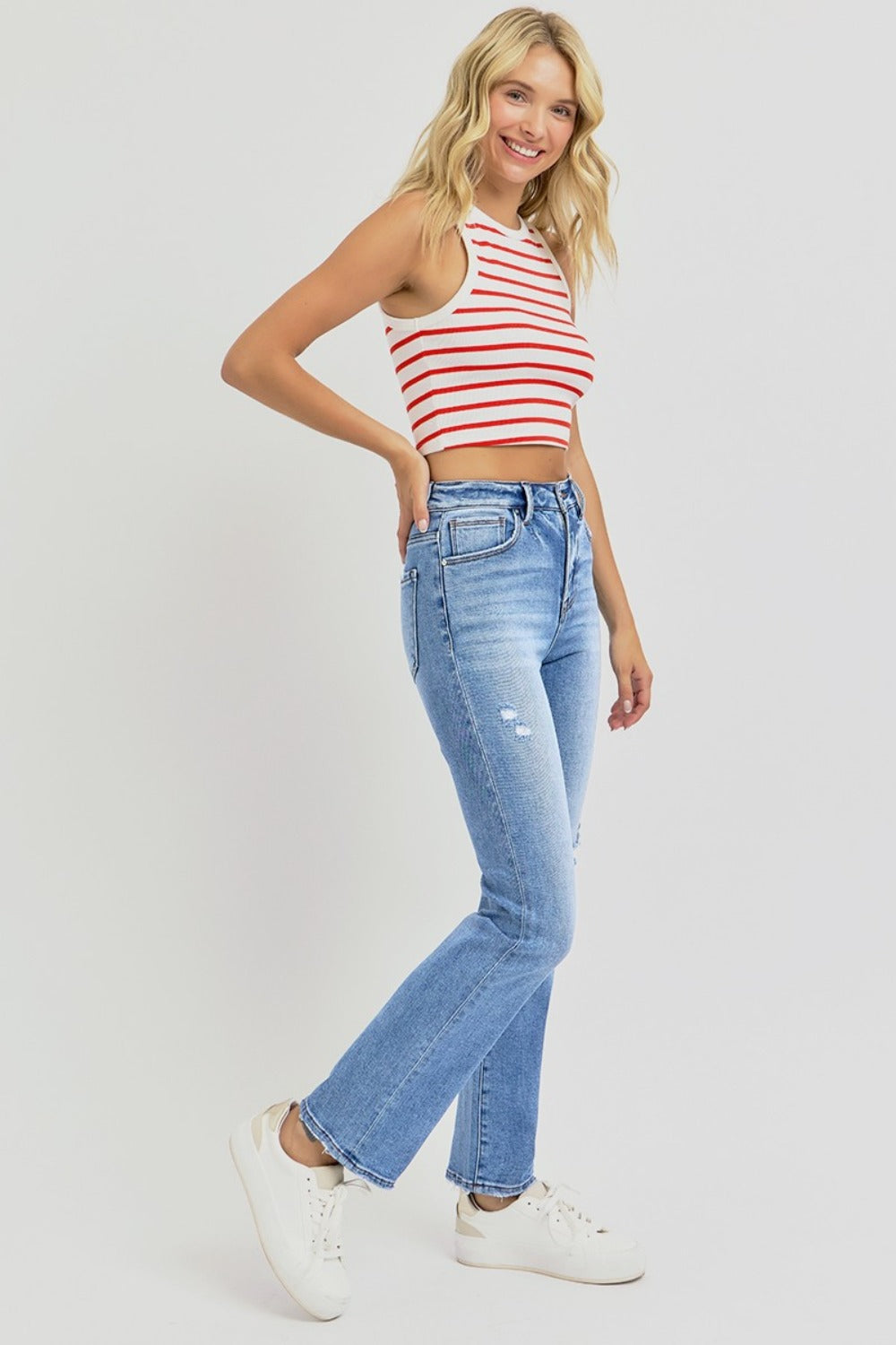 Hazel Blues® | RISEN Distressed High-Rise Ankle Straight Jeans