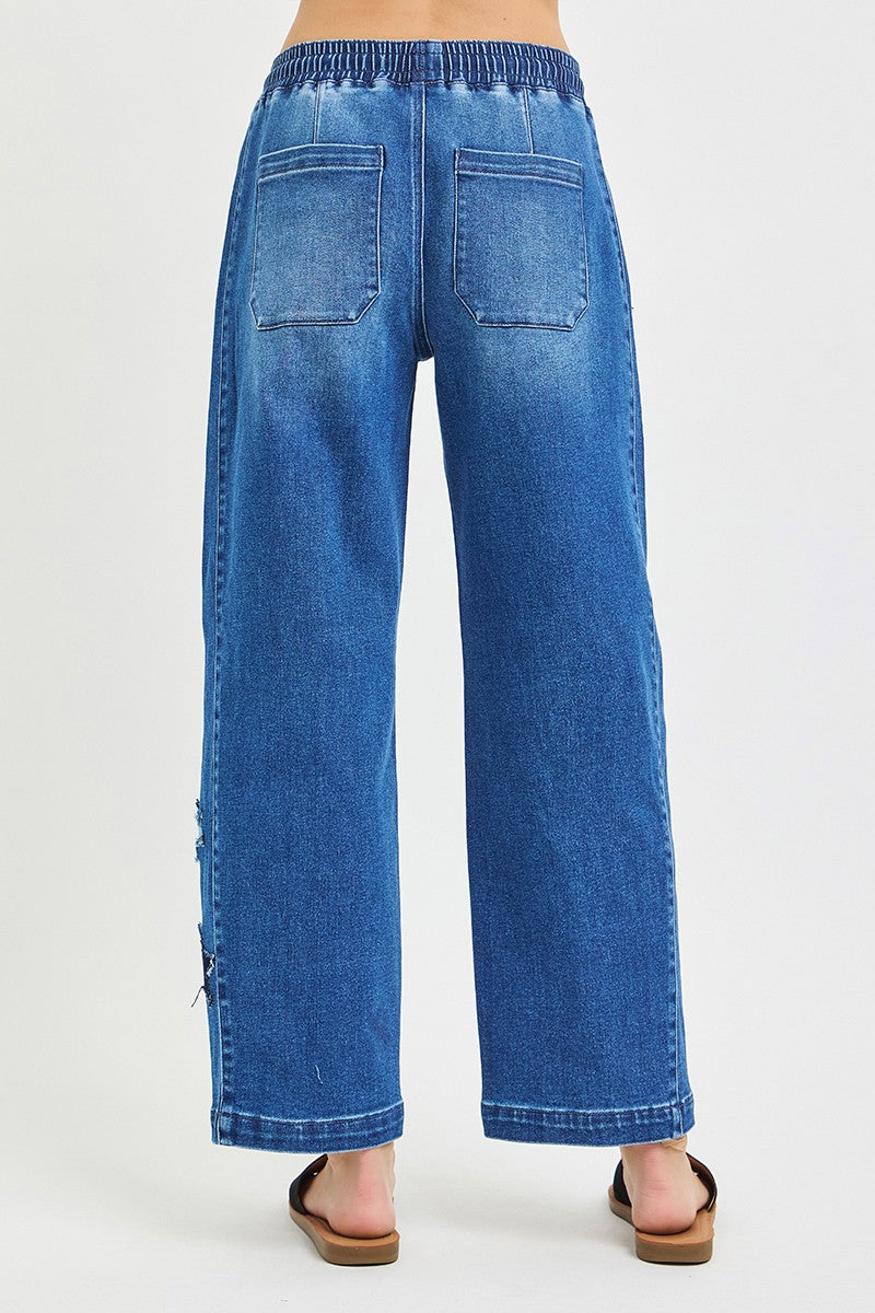 Hazel Blues® | RISEN Elastic Band Slouchy Cropped Barrel with Star Patch
