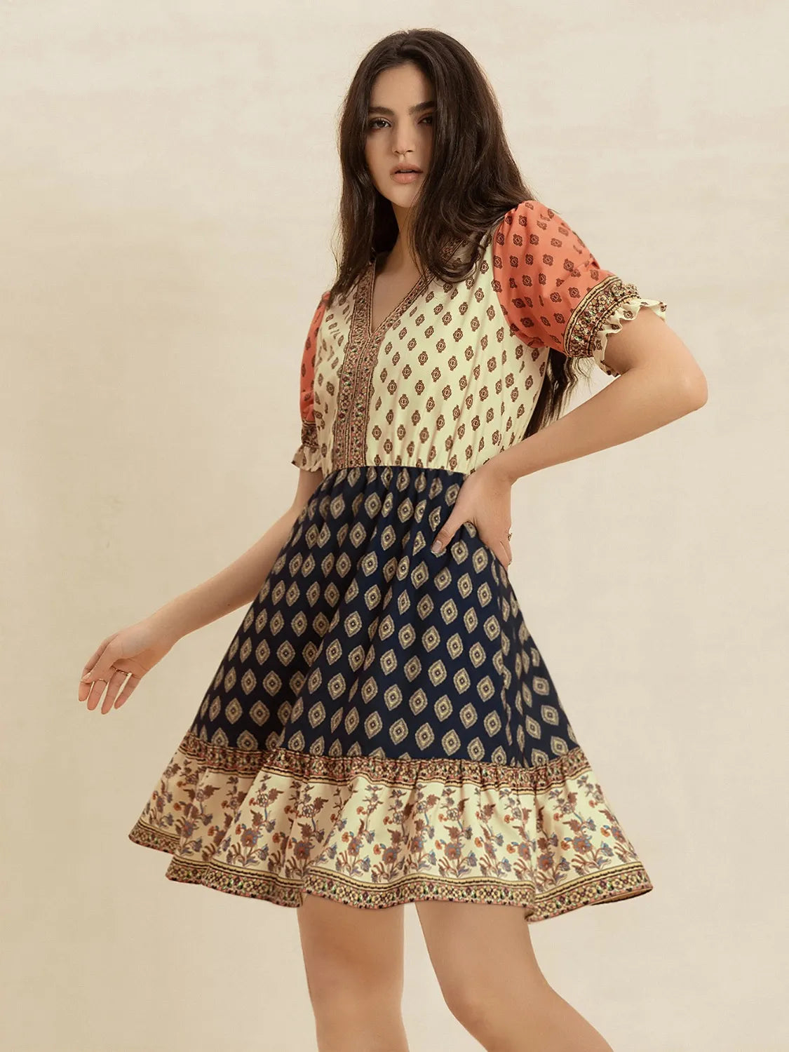 Hazel Blues® | Printed V-Neck Short Sleeve Dress