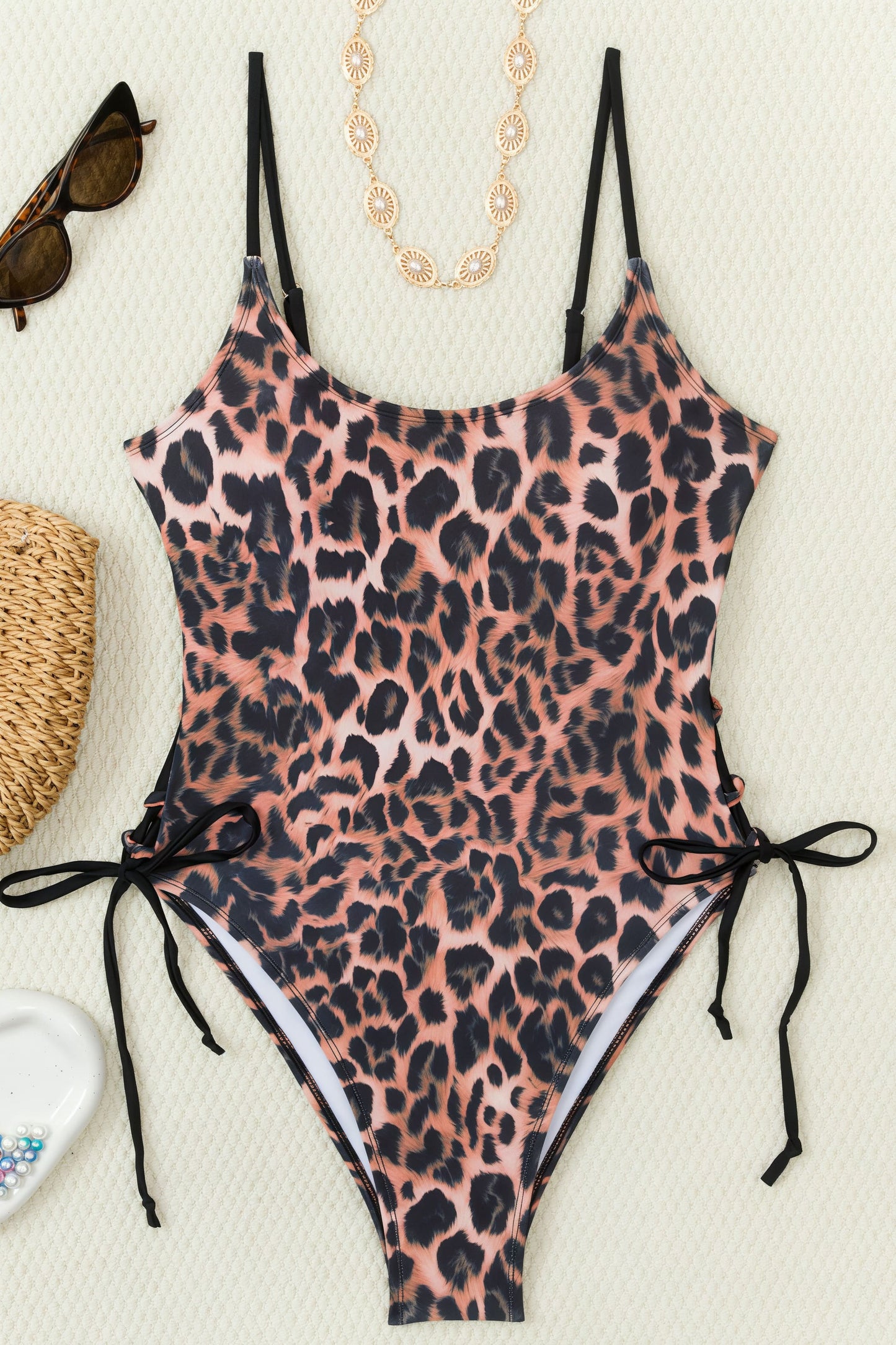 Vintage Leopard Print U Neck Side Lace Up One Piece Swimwear