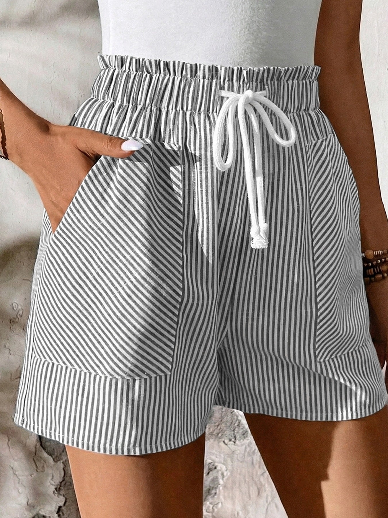Hazel Blues® | Striped Elastic Waist Drawstring Shorts