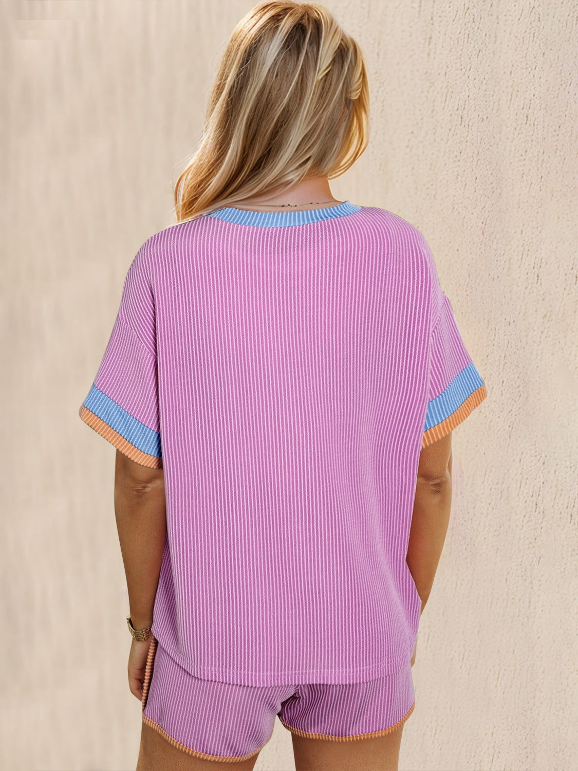 Hazel Blues® | OH Texture Round Neck Half Sleeve Top and Shorts Set