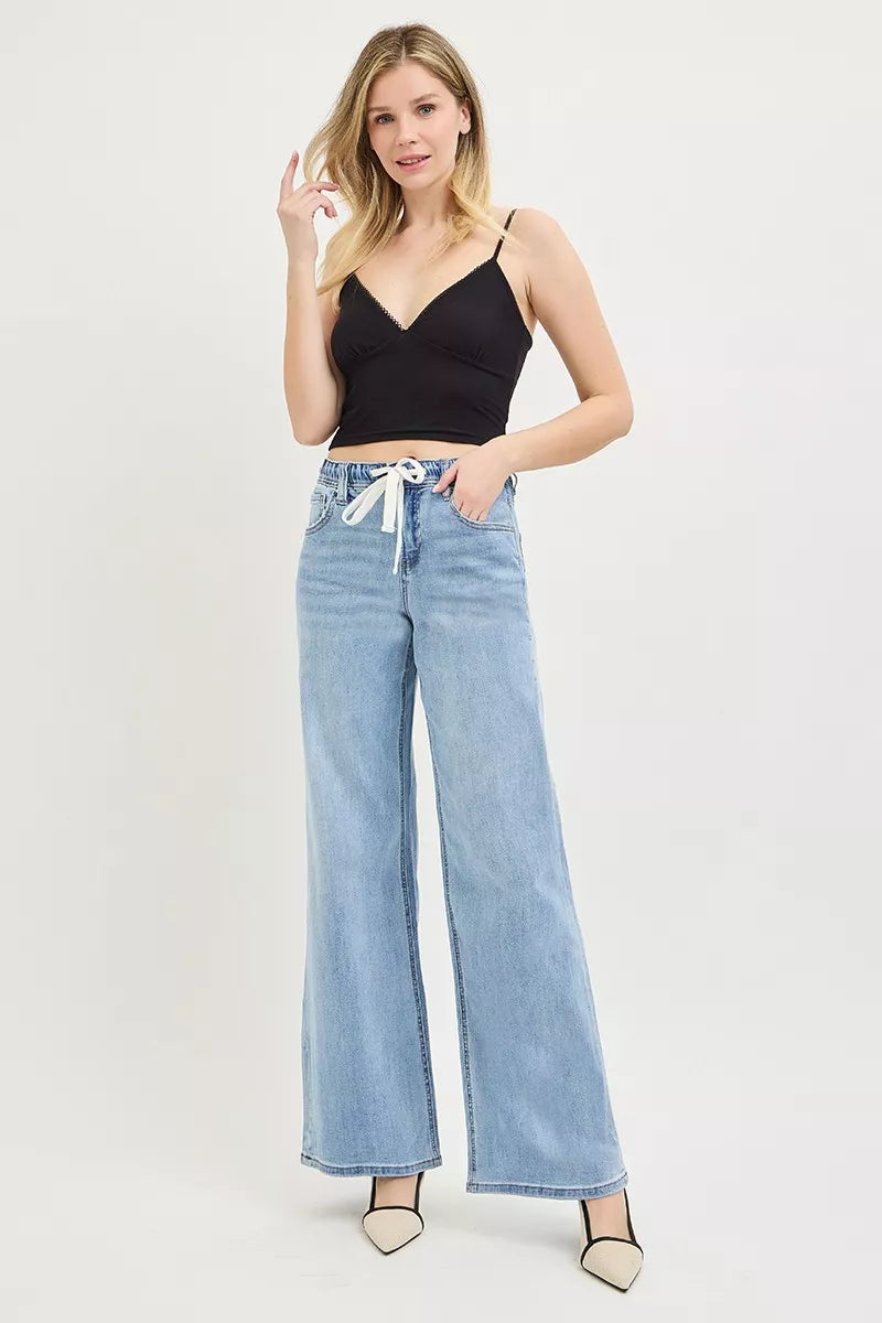 Hazel Blues® | RISEN Elastic Band Slouchy Wide Jeans with Drawstring