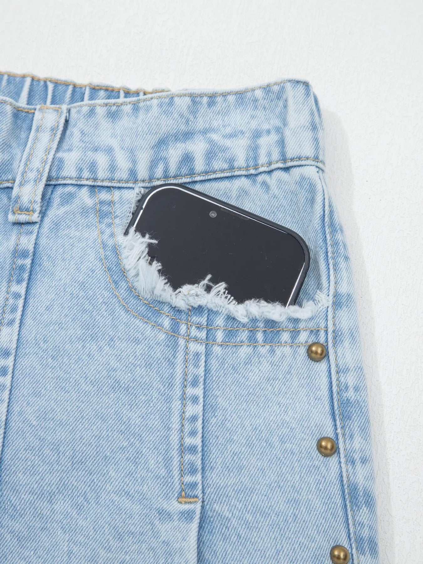 Hazel Blues® | Studded Side Slit Leg Frayed Pocketed Wide Leg Jeans