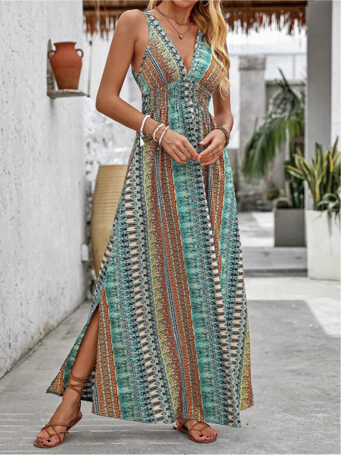 Hazel Blues® | Tied Back Printed Sleeveless Maxi Slit Dress