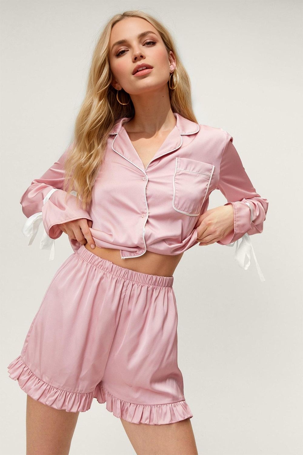 Hazel Blues® | Basic Bae Tied Cuff Collared Neck Top and Frill Shorts Lounge Set