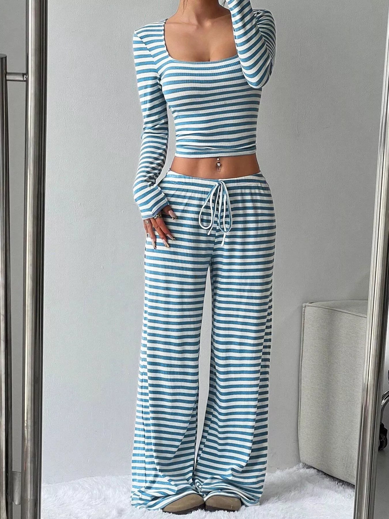 Hazel Blues® | Striped Long Sleeve Crop Top & Wide Leg Pants Set