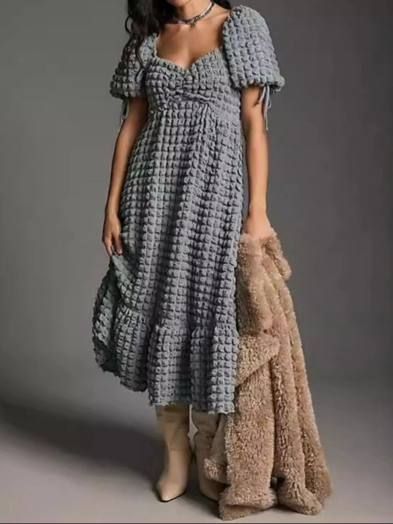 Hazel Blues® | Textured Sweetheart Neck Short Sleeve Dress