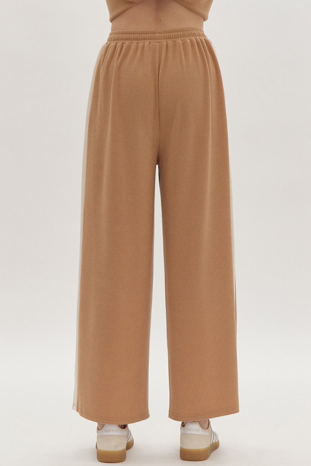 Hazel Blues® | Solid Ribbed Contrast Trim Wide Leg Pants in Camel