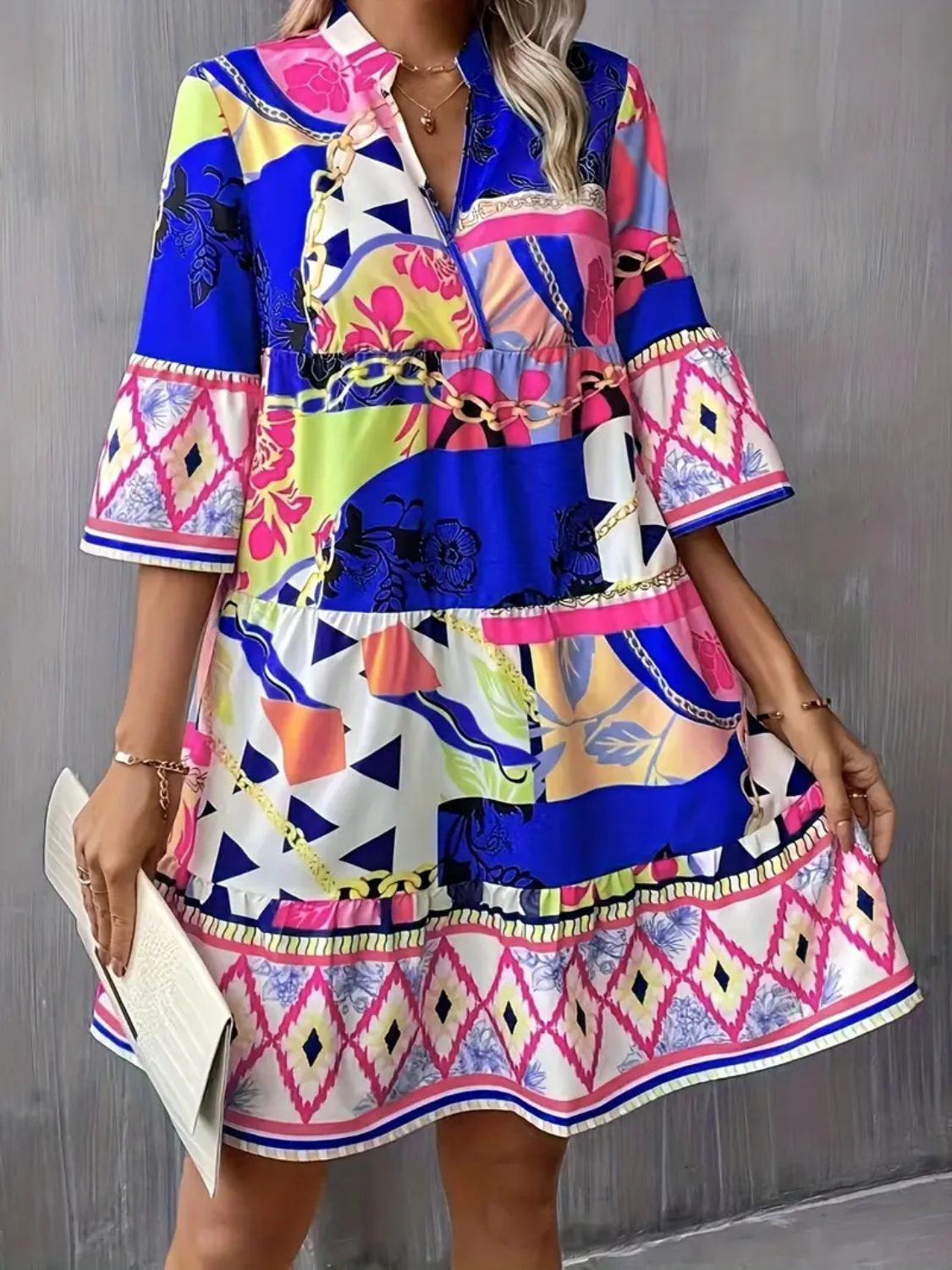 Hazel Blues® | Printed Notched 3/4 Sleeve Tiered Dress