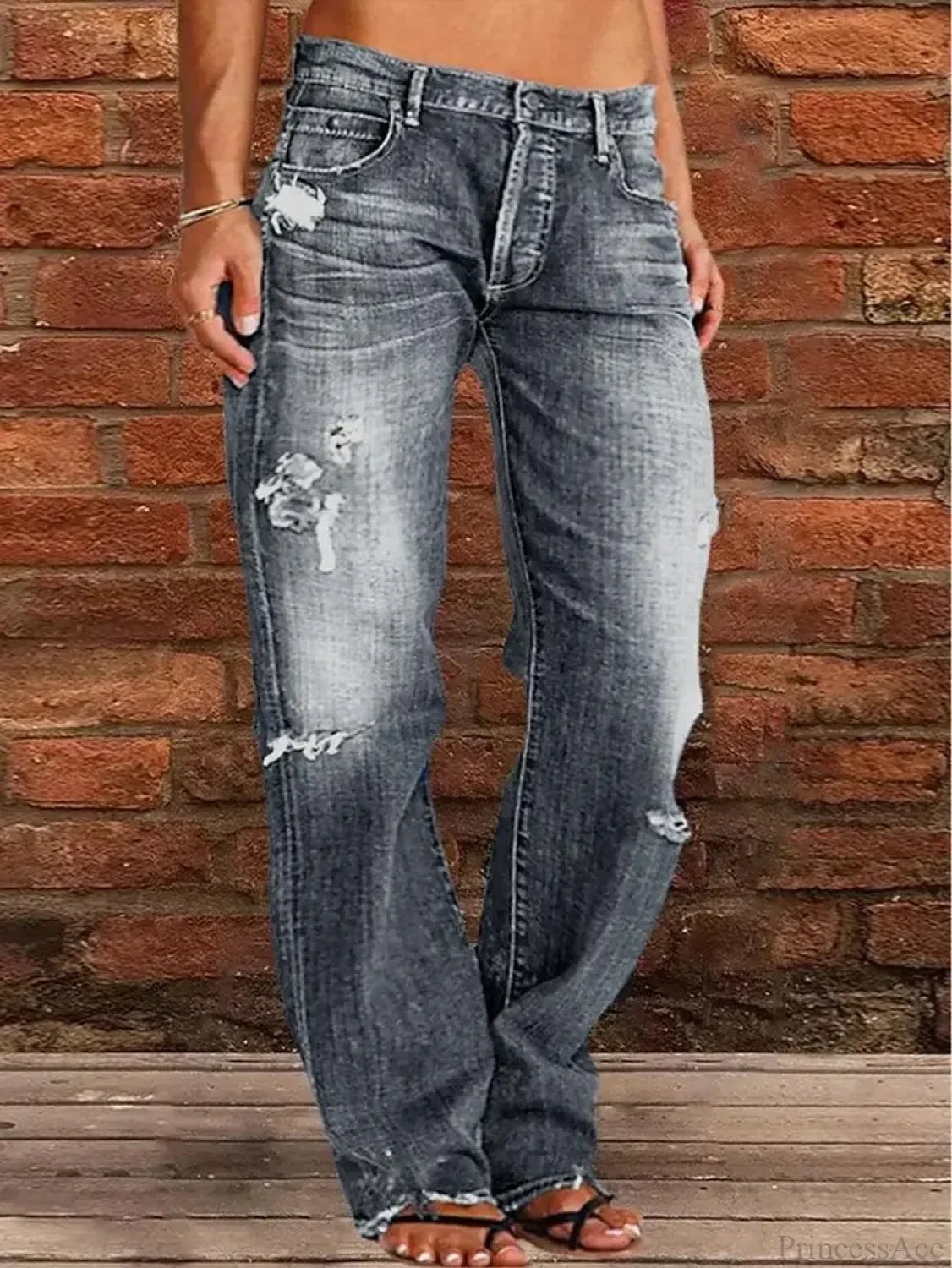 Vintage Middle-Waist Ripped Straight Blue Wide-Leg Denim Jeans