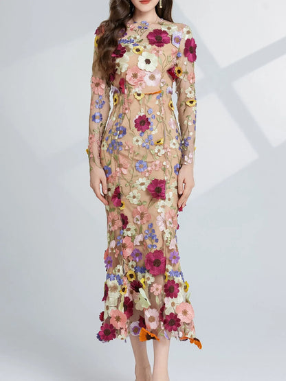 Hazel Blues® |  Floral Embroidered Mesh Long Sleeve Midi Dress