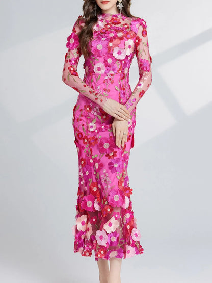 Hazel Blues® |  Floral Embroidered Mesh Long Sleeve Midi Dress