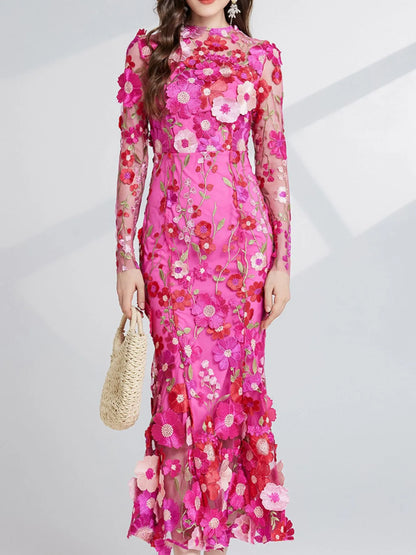 Hazel Blues® |  Floral Embroidered Mesh Long Sleeve Midi Dress