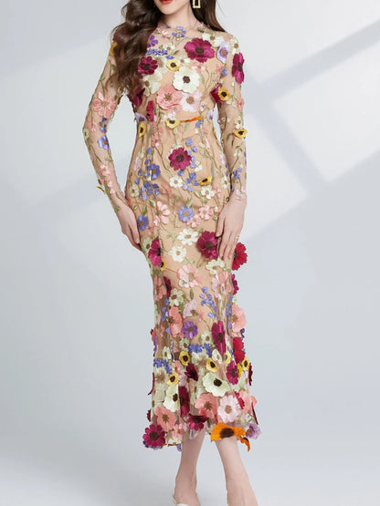 Hazel Blues® |  Floral Embroidered Mesh Long Sleeve Midi Dress
