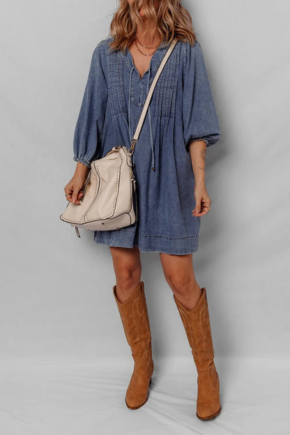Hazel Blues® |  Tie Neck Long Sleeve Mini Denim Dress