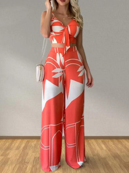 Hazel Blues® |  Tropical Print Spaghetti Strap Crop Top and Wide Leg Pants Set