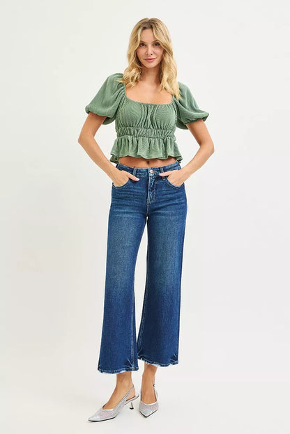 Hazel Blues® |  RISEN Tummy Control 4 Way Stretch High Rise Crop Wide Leg Jeans