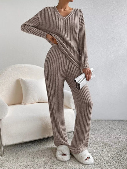 Hazel Blues® |  Ribbed Knit V-Neck Top and Pants Set