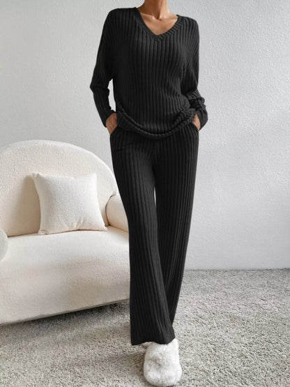 Hazel Blues® |  Ribbed Knit V-Neck Top and Pants Set