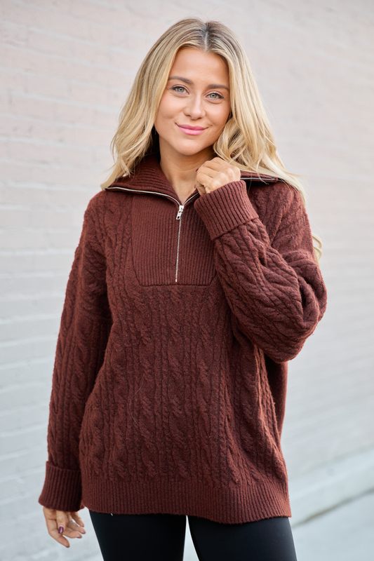 Chismer Brown Cable Knit Zip Up Sweater FINAL SALE