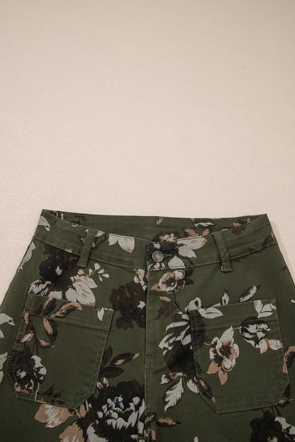 Hazel Blues® |  Green Vintage Floral Print Square Patch Pocket Raw Hem Shift Jeans