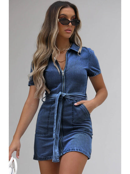 Hazel Blues® | Zip Front Short Sleeve Denim Dress